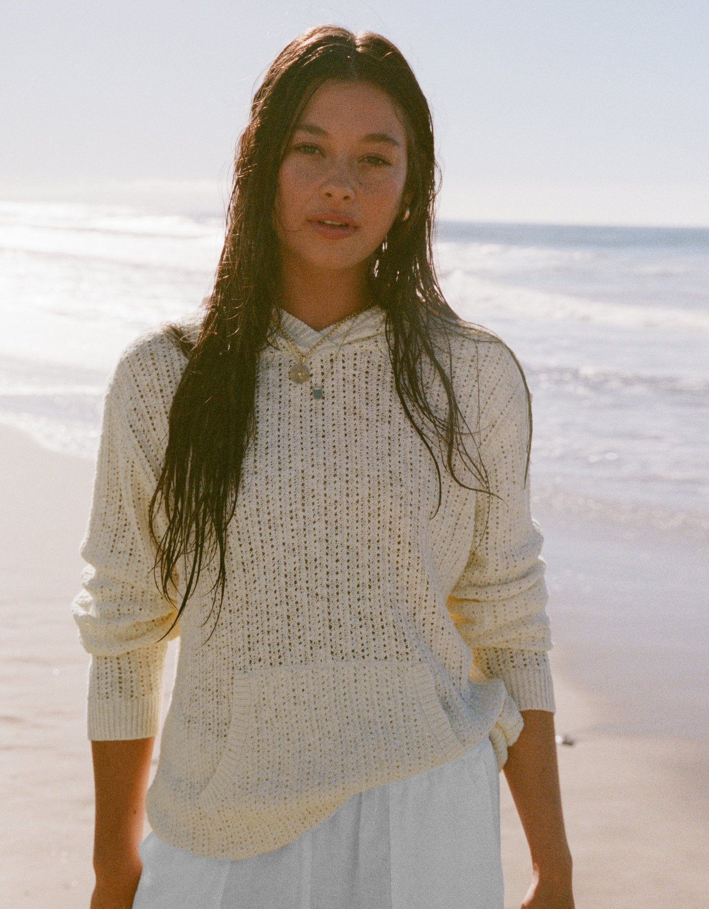 pointelle knit hoodie