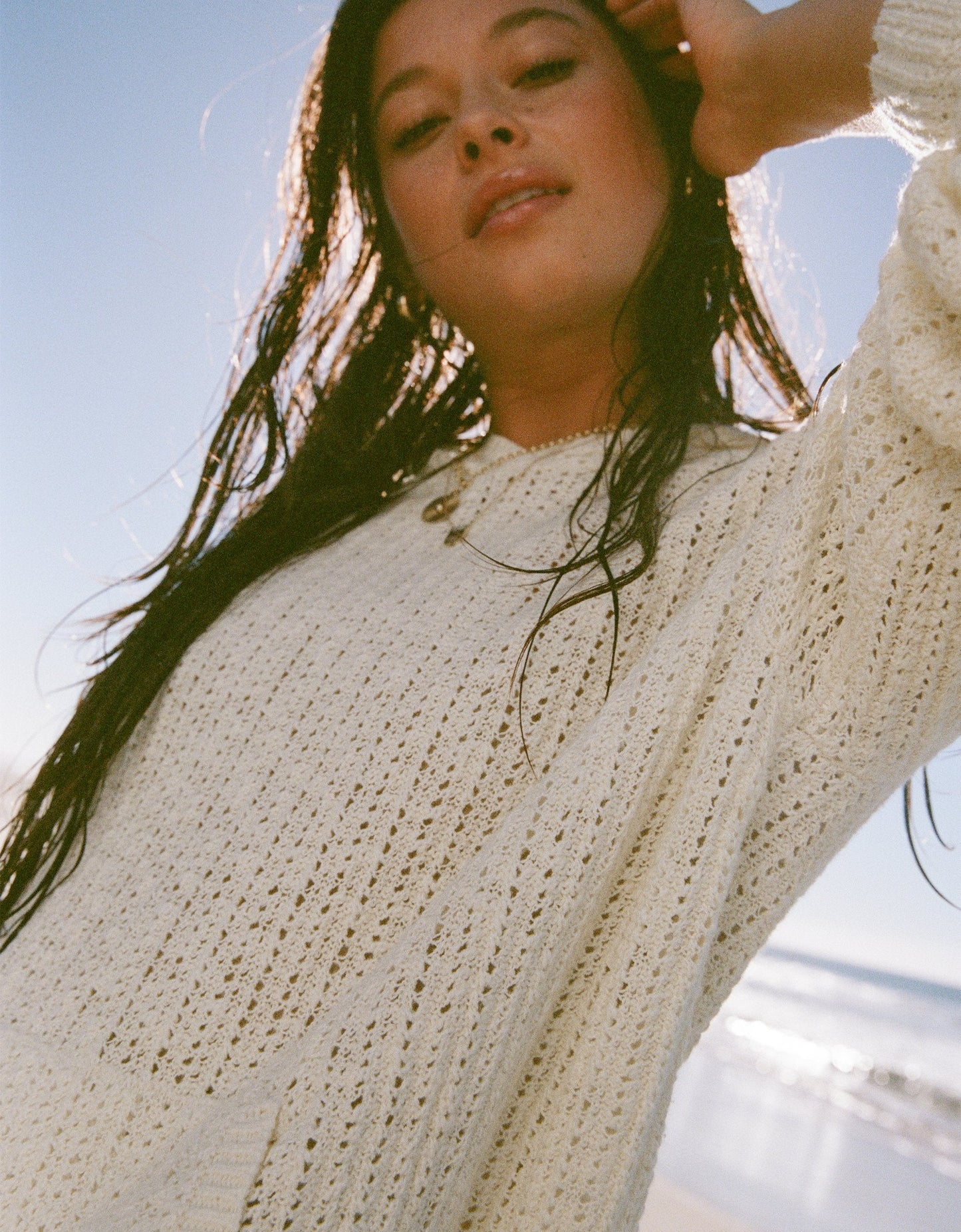 pointelle knit hoodie