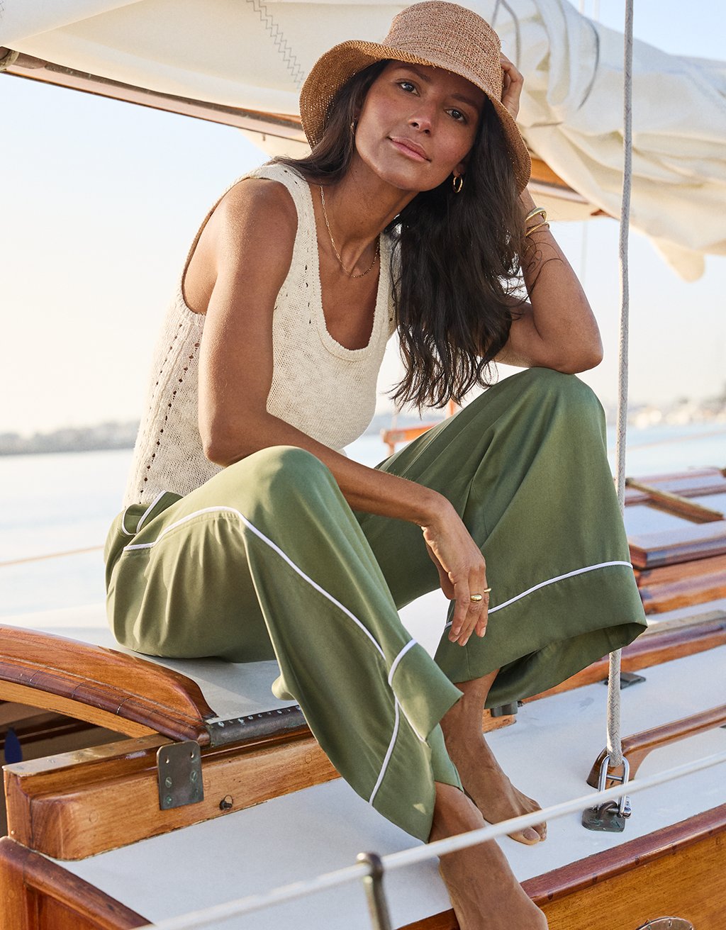 silk charmeuse piped wide leg pant