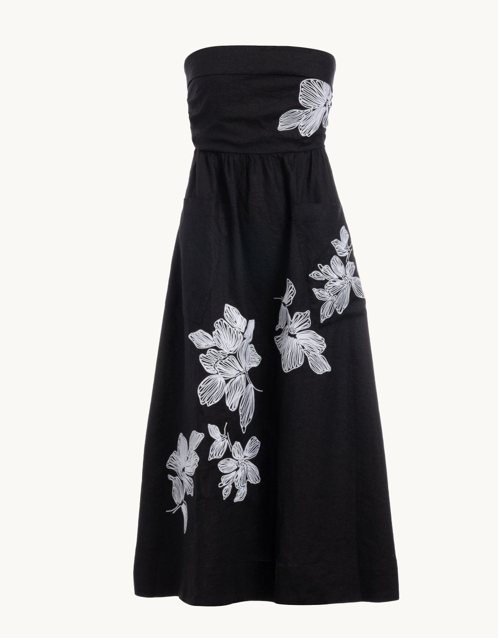 strapless embroidered linen dress