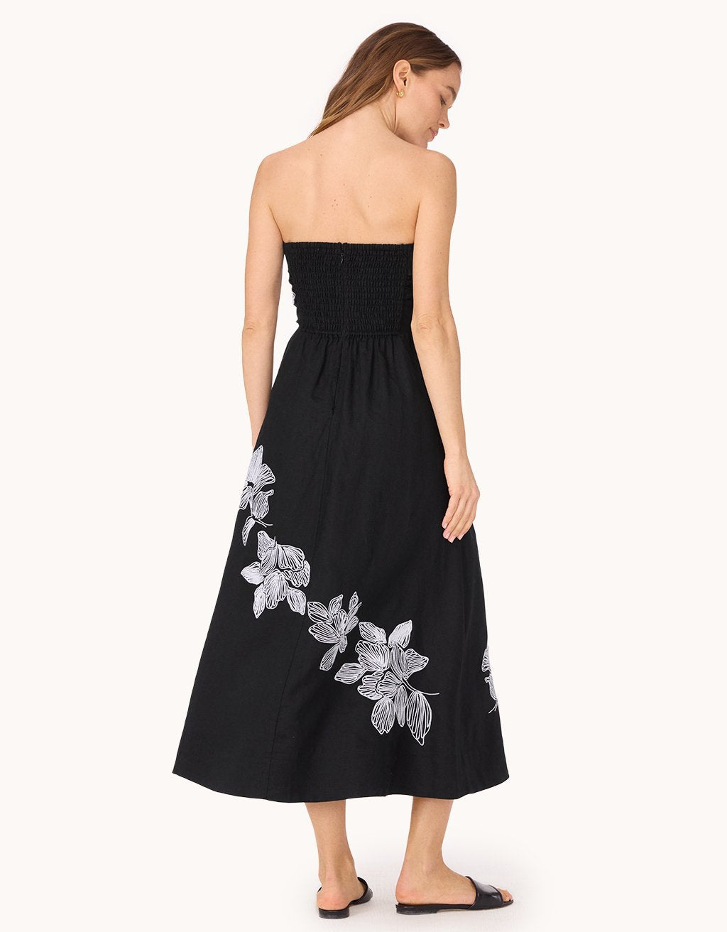 strapless embroidered linen dress