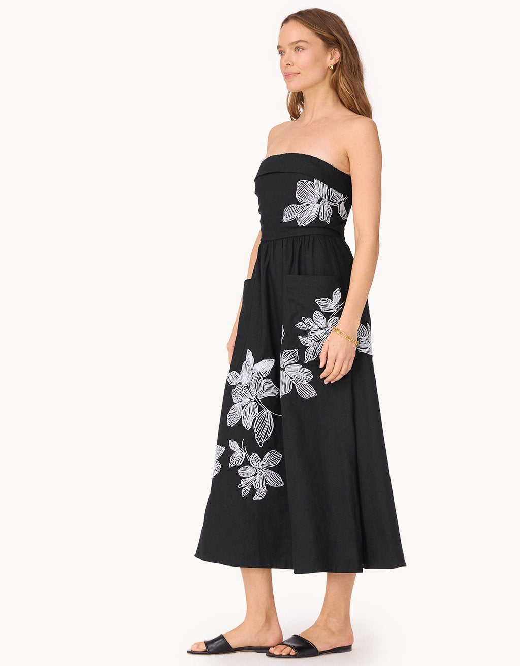 strapless embroidered linen dress