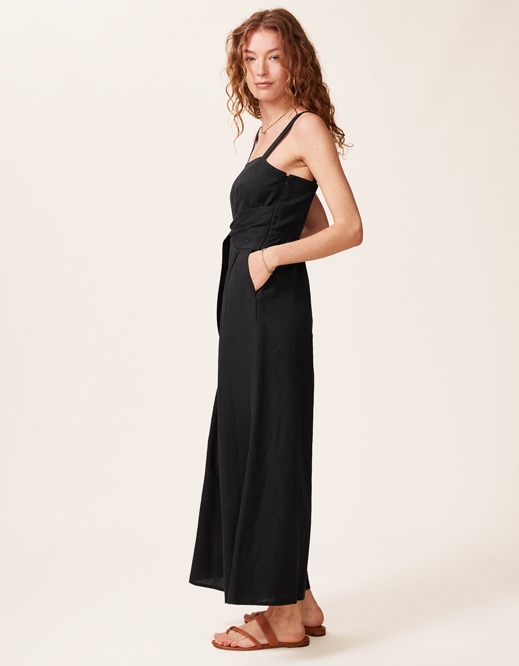 linen tie waist jumpsuit