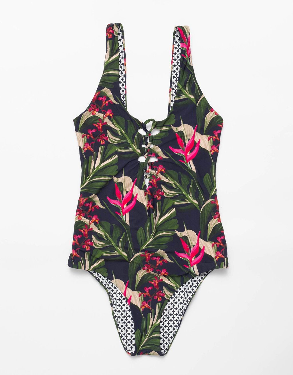 recycled nylon lace up one piece swimsuit