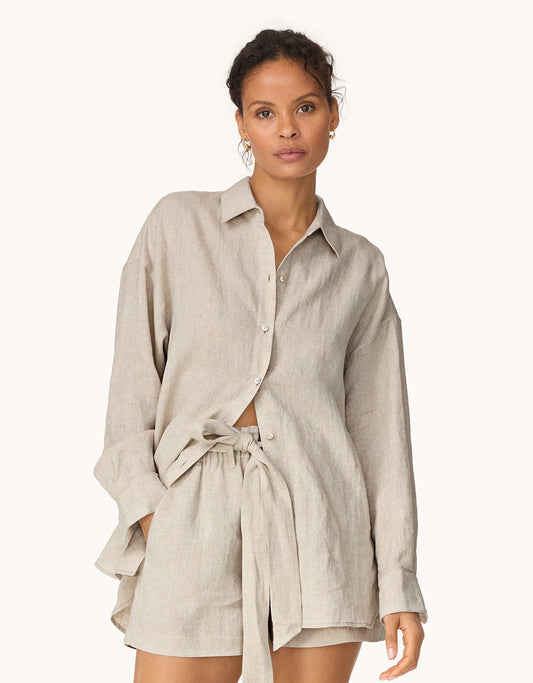 shimmer linen button down