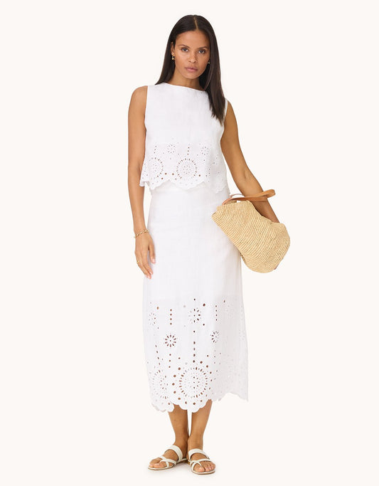 embroidered linen pencil skirt