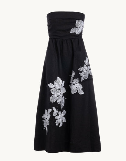 strapless embroidered linen dress