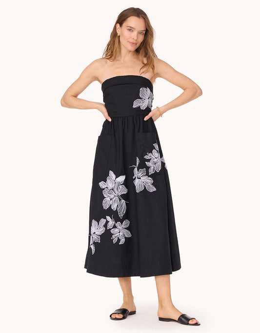 strapless embroidered linen dress