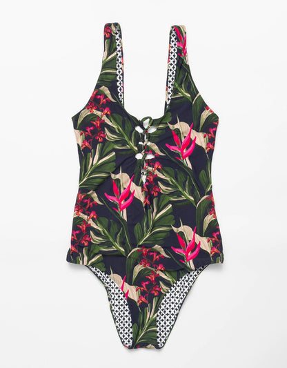 recycled nylon lace up one piece swimsuit