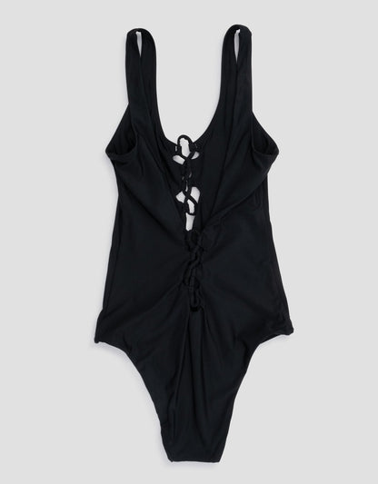 recycled nylon lace up one piece swimsuit