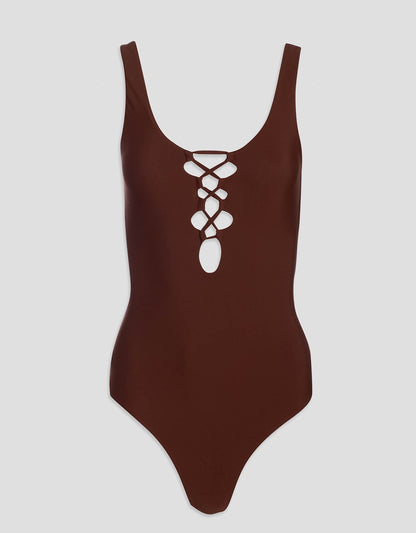 recycled nylon lace up one piece swimsuit