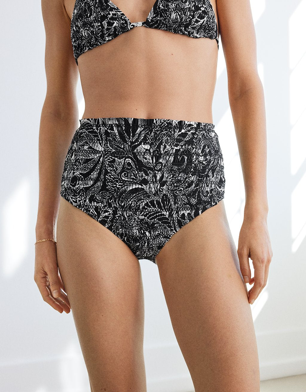 recycled nylon smocked high rise bikini brief